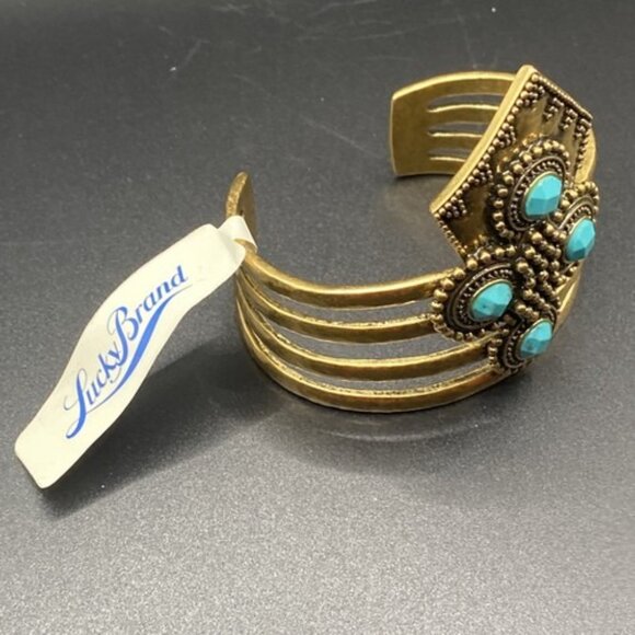 Signed Lucky Brand Bracelet Turquoise Elements Large Cuff Gold Tone NWT Western - Picture 10 of 12